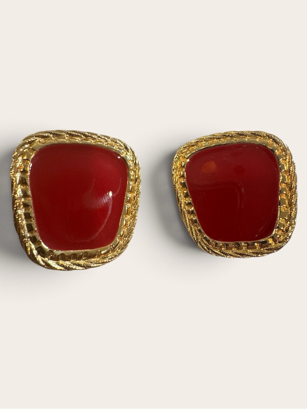 Avon Vintage Red Enamel Square Clip On Earrings Gold Tone